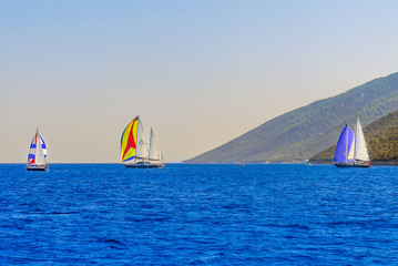 Naklejka premium Bodrum, Turkey, 23 October 2010: Bodrum Cup Races, Gulet Wooden Sailboats on Cove of Kumbahce