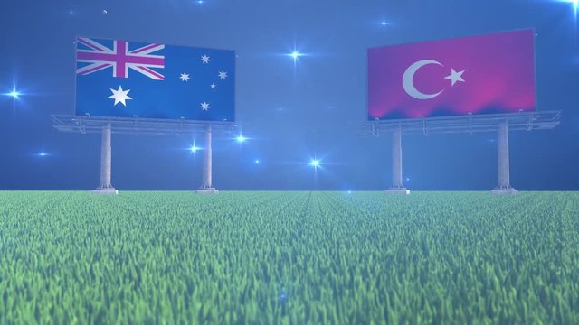 3d animated soccer ball bouncing in front of billboards with the flags of Australia and Turkey with flickering lights in the background in 4K resolution