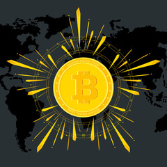 Sign of bitcoin in golden rays. Farm for the production of crypto currency, mining. Virtual money. Flat vector cartoon illustration. Objects isolated on black world map background.