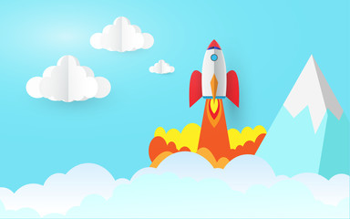 Rocket Launch take off in top sky, Vector illustration paper art of business and start up, Mountain clouds in pastel blue sky of landscape.