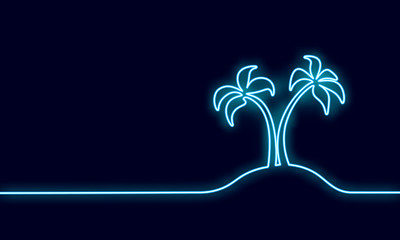 Fototapeta na wymiar Neon sign single continuous line art coconut tree palm. Tropic paradise island landscape design one sketch outline signboard light banner drawing vector illustration