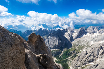 Marmolada massif, Dolomiti, Itay. Spectacular view over the Punta Rocca and other peaks in Dolomites mountains