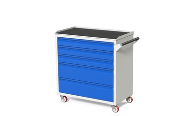 Metal tool cabinet on wheels with drawers. A convenient place for storing tools and spare parts. Metal furniture.  3D-model rendering of the table for shooting from above.