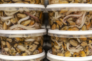 Mussels, squid and octopus in a plastic bank, side view, close up.