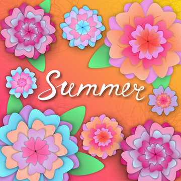 Summer hand lettering on the banner with paper flowers. Template for summer sale, discounts, parties.