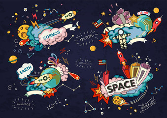 Cartoon vector illustration of space. Moon, planet, rocket, earth, cosmonaut, comet universe Classification milky way Hand drawn Abstract