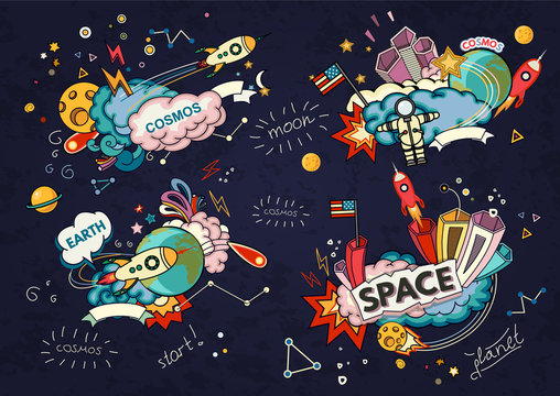 Cartoon vector illustration of space. Moon, planet, rocket, earth, cosmonaut, comet universe Classification milky way Hand drawn Abstract