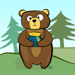 Bear standing with a pot of honey in his paws on the background of the forest.