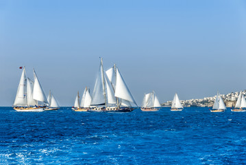Naklejka premium Kalymnos Island, Greece; 23 October 2010: Bodrum Cup Races, Gulet Wooden Sailboats