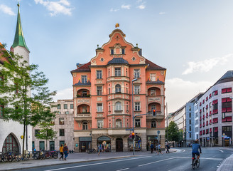 Fototapeta na wymiar Munich, Germany June 09, 2018: The ORAG-Haus is an administrative building and commercial building in the Angling District of Munich's Old Town.