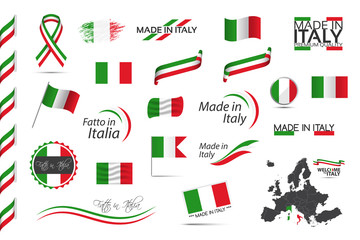 Obraz premium Big set of Italian ribbons, symbols, icons and flags isolated on a white background, Made in Italy, Welcome to Italy, premium quality, Italian tricolor, set for your infographics, and templates
