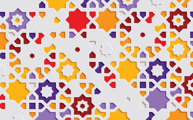 Arabic arabesque design greeting card for Ramadan Kareem. Islamic ornamental colorful detail of mosaic. Vector illustration.