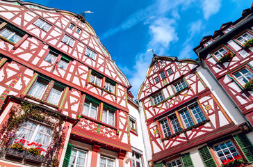 Ornamental timbered facades of  medieval buildings in Berncastel-kues, Germany, a town situated on the famous Mosel river.