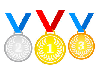 Set of gold medal, silver and bronze. Medals icons in flat style isolated on blue background. Medals Vector
