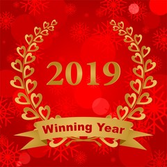 New year greeting card with gold laurel wreath composed of two branches with colorful hearts and stems with a gold ribbon for the 2019 year on a red background with snowflakes 