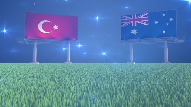 3d animated soccer ball bouncing in front of billboards with the flags of Turkey and Australia with flickering lights in the background in 4K resolution