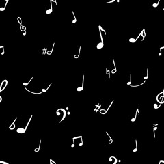 Vector Seamless Musical Notes Pattern, Chalk Drawings, Music, Black and White.