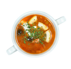 Solyanka soup on a white background