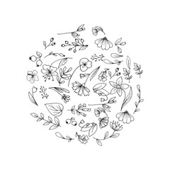 Frame of flowers, arranged in circle. Hand drawn flowers, sketched flowers and plants, black and white, monochrome. Vector illustration.