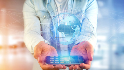 Businessman using smartphone with a Connected network over a earth globe concept on a futuristic interface - 3d rendering