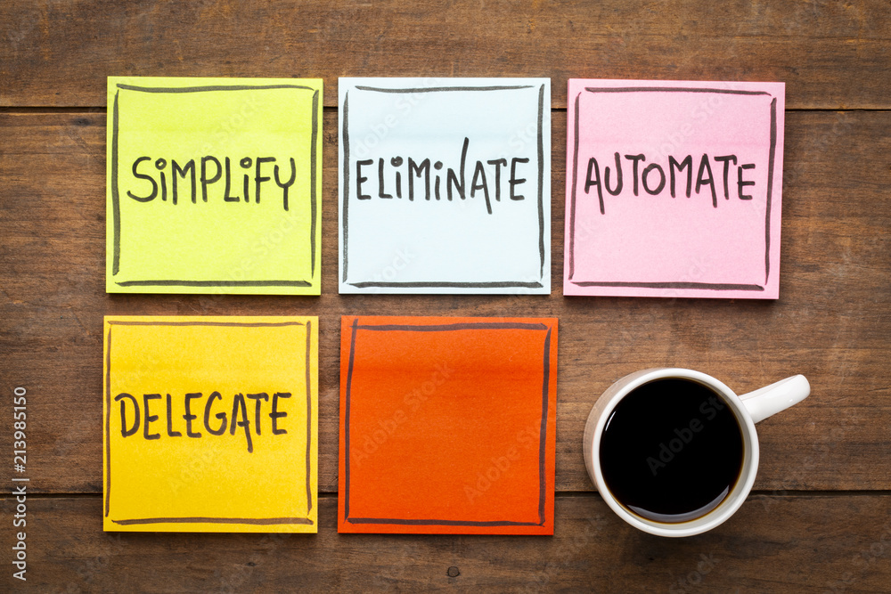 Sticker Task management concept: simplify, eliminate, automate, delegate