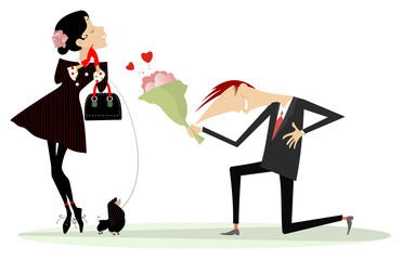 Man and woman fall in love concept illustration. Man in love staying on the knee holds hand on the heart gives bunch of flowers to his woman isolated on white illustration
