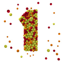 Number 1 is made of brown woolen balls, isolated on white, 3d rendering