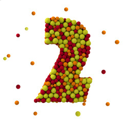 Number 2 is made of brown woolen balls, isolated on white, 3d rendering