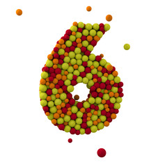 Number 6 is made of brown woolen balls, isolated on white, 3d rendering