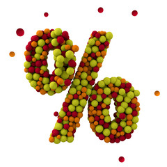 Symbol percentage is made of brown woolen balls, isolated on white, 3d rendering