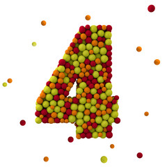 Number 4 is made of brown woolen balls, isolated on white, 3d rendering