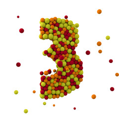 Number 3 is made of brown woolen balls, isolated on white, 3d rendering