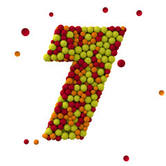 Number 7 is made of brown woolen balls, isolated on white, 3d rendering