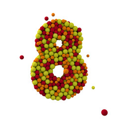 Number 8 is made of brown woolen balls, isolated on white, 3d rendering