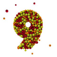 Number 9 is made of brown woolen balls, isolated on white, 3d rendering