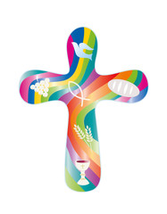 Isolated cross with Christian symbols on colorful rainbow background. Religious vector sign