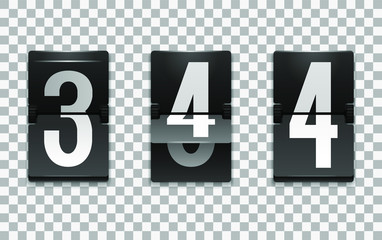 Mechanical scoreboard vector template with number 4; Flip countdown clock counter; White digit on black board with transparent shadow; Number four template 