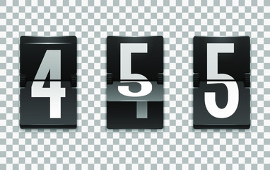 Mechanical scoreboard vector template with number 5; Flip countdown clock counter; White digit on black board with transparent shadow; Number five template 