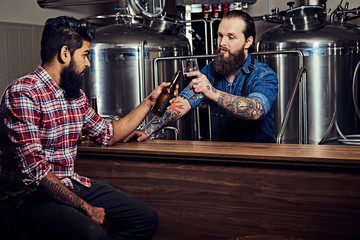Two bearded interracial friends drink craft beer in a brewery. Tattooed hipster worker male in an apron drinks beer with his friend in the brewery factory.