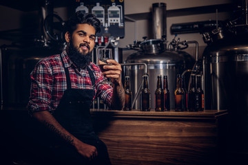 Stylish full bearded Indian man in a fleece shirt and apron holds a glass of beer, sitting behind the counter in the brewery.
