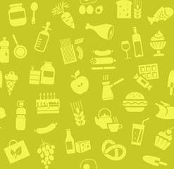 Food, seamless pattern, yellow-green, color, grocery store, vector. Food and drinks, production and sale. Vector background. Yellow icons on the yellow-green field.  