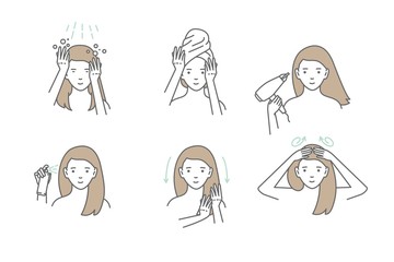 Woman take care about her hair. Steps how to apply hair mask.