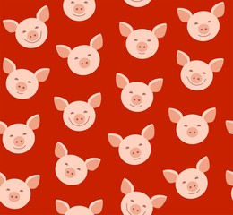 Funny piglets, seamless pattern, red, vector. Pink Piglet faces on red background. Vector flat pattern. Pigs are laughing, different emotions. 