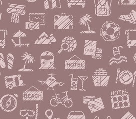 Travel, vacation, Hiking, leisure, seamless pattern, pencil shading, brown, color, vector. Different types of holidays and ways of travelling. Pink drawings on a brown background.