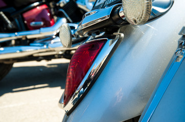 Opening of the motor season MAY 2018. Chelyabinsk. Motorcycles stand in a row under the sun in the square.