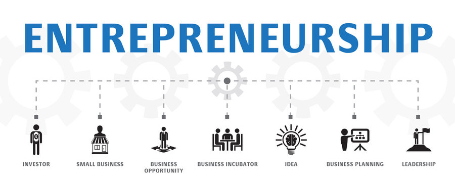 Horizontal Entrepreneurship Banner Concept Template With Simple Icons. Contains Such Icons As Investor, Small Business, Business Opportunity And More