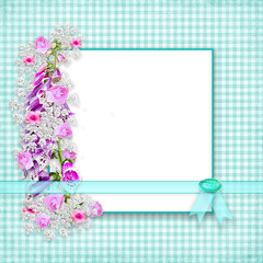 Fresh Garden Flowers ong teal gingham background with text area in white.  Teal faux ribbon and gem.