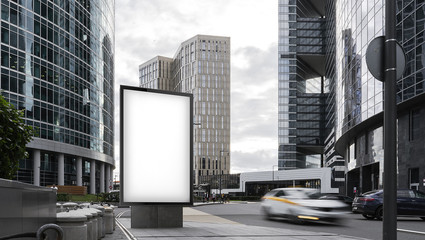 Blank white banner with skyscrapers on background. 3d rendering