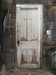 Inside a old run down dirty shed looking at a crooked door with cracked peeling paint