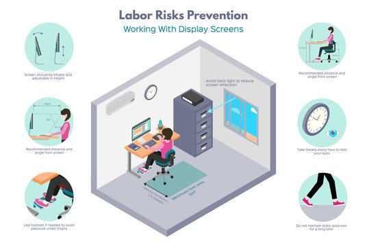 Labor risks prevention. Office works. Recomendations about working with display screens. Isometric illustration, isolated on white background.